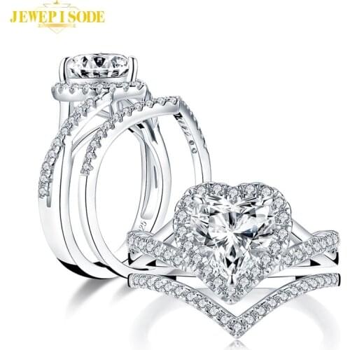 Jewepisode Heart Design 925 Sterling Silver Simulated Moissanite Diamond Ring Engagement Wedding Bands Bridal Sets Fine Jewelry