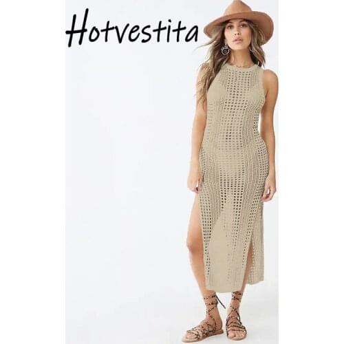 Hotvestita 2021 Beach Maxi Dress Sexy Knitted Hollow Out Split Swim Wear Tunic Sleeveless Bikini Cover Up Women Sarong Beachwrap
