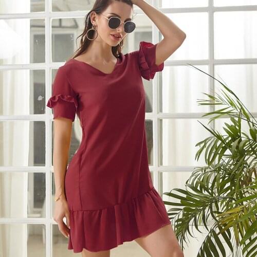 2021 fashion trend new solid color v-neck ruffle short-sleeved pleated dress women European and American style hot sale