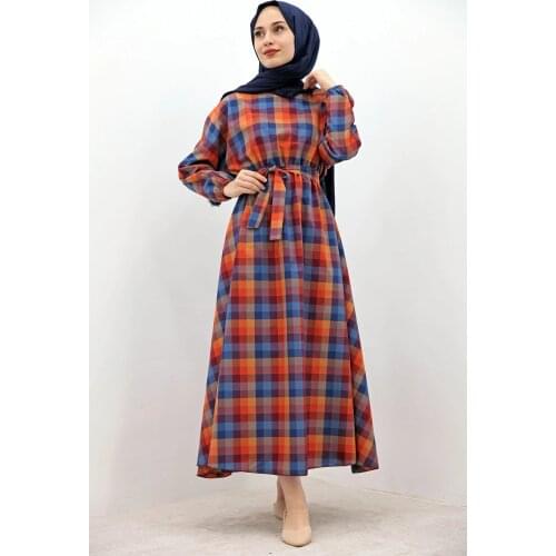 New Season Muslim Dress Women Colorful Plaid Hijab Dress Blue And Green Abaya Kaftan Hijab Long African In Dubai Dresses For women