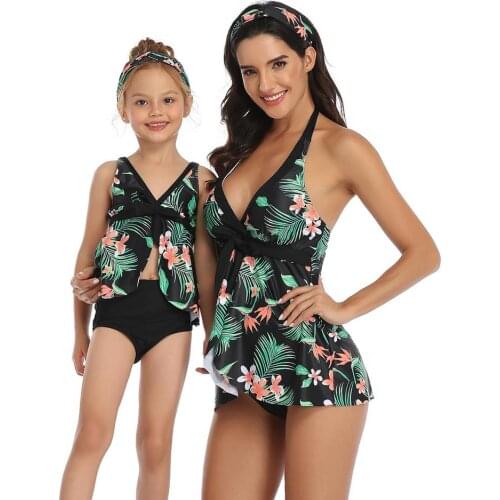 Girls Halter Split Swim Dresses Swimwear Mother Plus Size Swimsuit Push Up Swimming Suit Tankini Set Floral Printed Beachwear