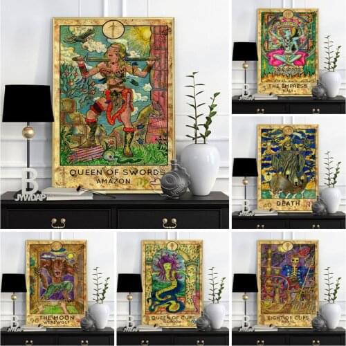 Tarot Handmade Patterning Illustration Poster, Color The Moon Werwolf Kali Death Queen Of Swords Wall Picture Home Decor Gift