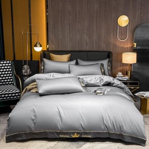 Luxury Gray Cotton Crown Embroidery Bedding Set Satin Duvet Cover Set Bed Linen Fitted Sheet Pillowcases Home Textile King Queen