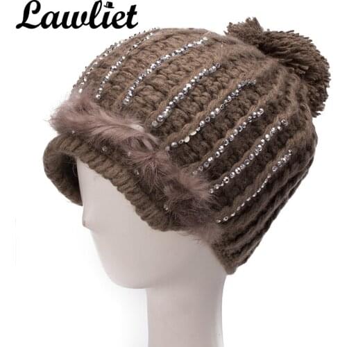 Lawiet Winter Women Hats Rhinestone Fur Trimmed Cotton Beanie Hats High Quality Knitted Pom Pom Hats Warm Hat Cap for Girl A297