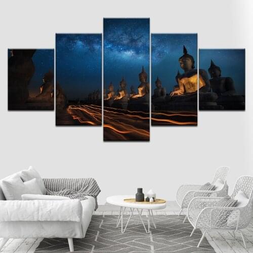 Buddha statue in night fire 5 Piece Wallpapers Art Canvas Print modern Poster Modular art painting for Living Room Home Decor