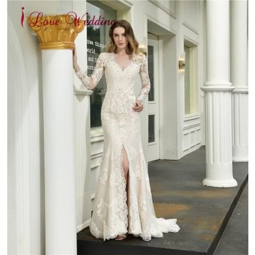 New Style 2020 Trumpet Wedding Dress Muslim Long Sleeves Lace Bridal Gown Front Split Sexy Boho Vestido de Novia Weddings
