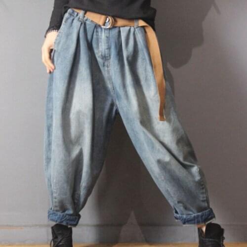 Loose Denim Harem Trousers Women Elastic Waist Wide leg Jeans Vintage streetwear Bloomers pants Baggy cowboy Joggers Trousers