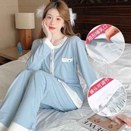 Spring Autumn Long Sleeve Thin Maternity Nursing Sleepwear Sets Sweet Breastfeeding Pajamas Suits Clothes for Pregnant Women