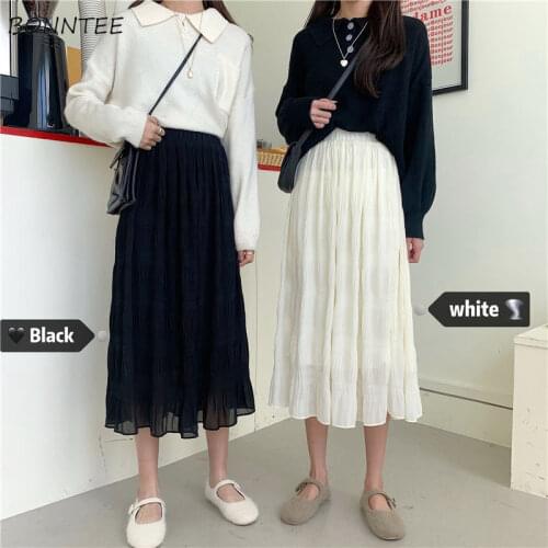 Skirts Women Korean Style Folds Chiffon High Waist A-line Ankle Length Saia Feminina Loose Fairy Preppy Student Summer Holiday