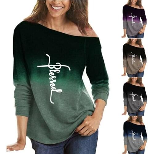 Women Ladies Round Neck Long Sleeves Blessed Printed Casual Baggy T-Shirt Top_