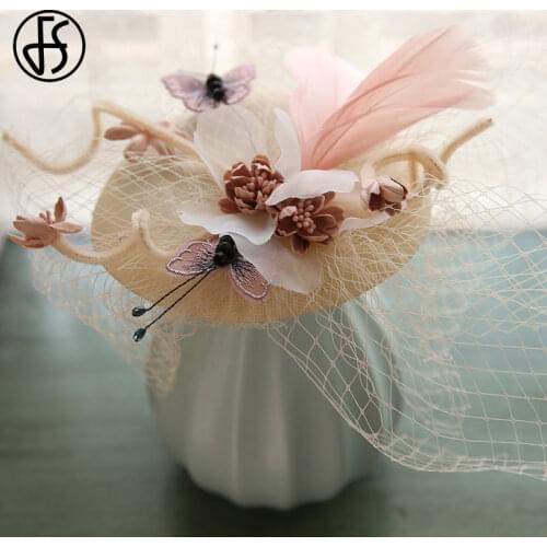 FS Pink Veil Flower Wedding Hats For Women Sinamay Church Fascinator Hats 2021 Pillbox Hat Cocktail Party Kentucky Derby Hat