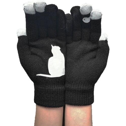 Tops Ladies Woolen Cat Printing Gloves Autumn Winter Outdoor Warm Women Glove Harajuku Hand Cover Dropshipping guantes invierno