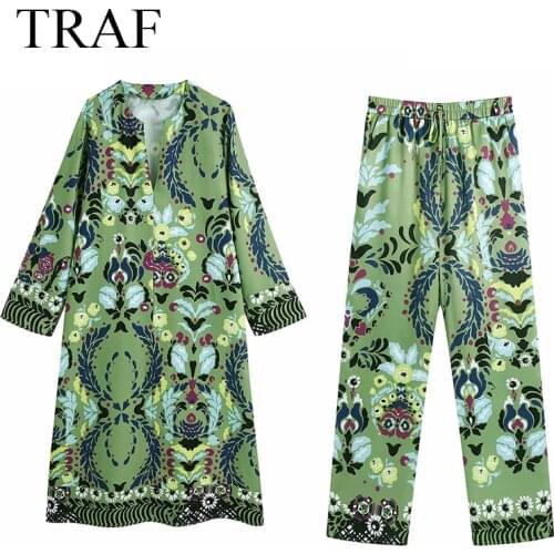 TRAF ZA Women Suit Summer Fashion Vintage Suit Long Sleeve Loose Coat Trouser Suits Chic Elastic High Waist Pants Two Piece Set
