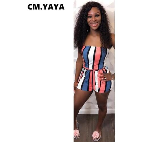 CM.YAYA Women Playsuit Striped Sleeveless Strapless Straight Bandage Sashes Playsuits Fashion Rompers One Piece Overall Summer