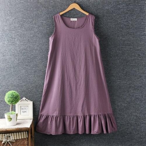 2020 big size summer women Japan style simple fresh O-Neck cotton loose dress solid color sleeveless Ruffle midi dress women