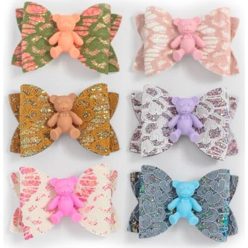 2PCS Bear Cub Lace Matching Bows Princess Daily Lovely Side Hair Clips Hair Accessories Girls Kids Barrettes Headwear Hairpins