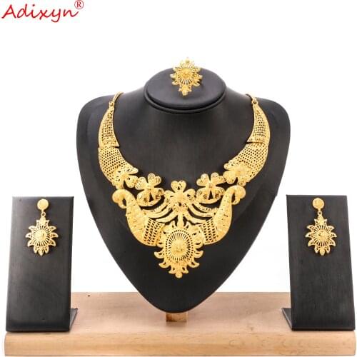 Adixyn African Necklace/Earrings/Ring Set Jewelry for Women Gold Color Dubai Jewelry Middle east Nigeria Anniversary Gifts