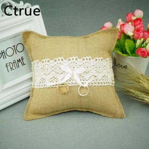 Ctrue 1PCS 18cmX18cm burlap &Lace Ring Pillow Hessian ring pillow rustic wedding centerpieces vintage wedding decoration