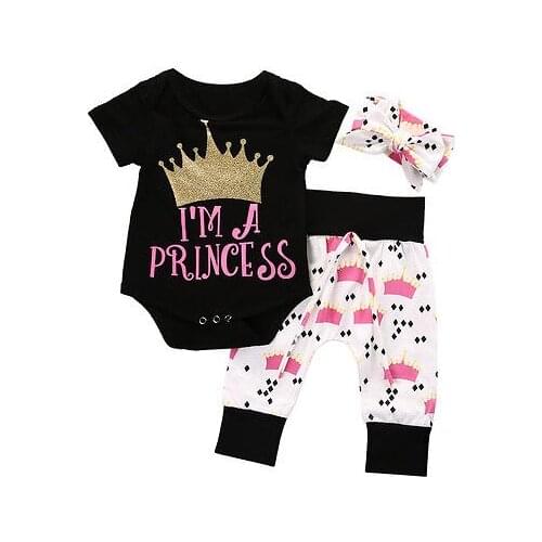 3PCS Baby Set Cute Baby Girls Clothes Short Sleeve Letter Crown Baby Jumpsuit Romper+Print Pants Leggings+Headband 0-18M