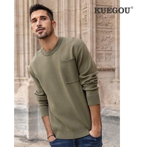 KUEGOU Blending Autumn Winter Clothing Pullovers Mans Knitting Sweater Fashion Letter Jacquard men Top Chest pocket LZ-26073