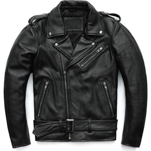Classical Motorcycle Leather Jackets Mens Coat Jacket 100% Natural Calf Skin Thick Moto Jacket Solid Color Genuine Leather Coat