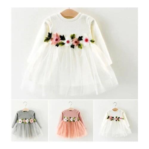 Toddler Cute Pretty Dress Baby Girls Flower Long Sleeve Lace Dress Girl Princess Party Prom Tulle Dresses