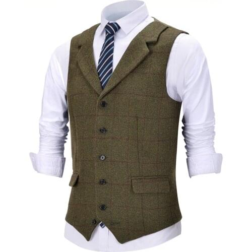 Mens Vintage Plaid Vest Wool Tweed Suit Vest Notch Lapel Waistcoat Groomsmen For Wedding