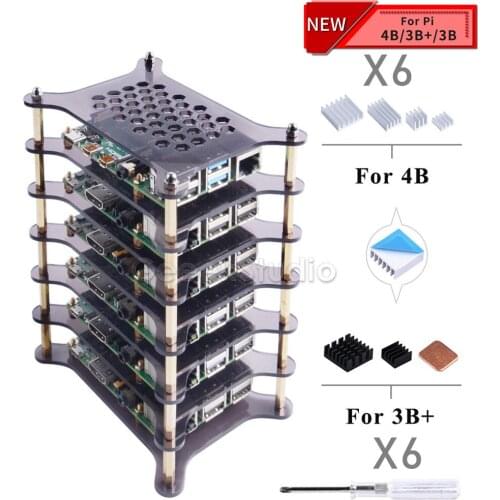 New 6 Layers Transparent Clear / Dark Brown Acrylic Case with Heatsink Set Screwdriver for Raspberry Pi 4 B / 3B+ / 3B / 2B / B