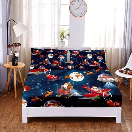 Christmas Carriage 3pc Polyester Solid Fitted Sheet Mattress Cover Four Corners With Elastic Band Bed Sheet(2 pillowcases)