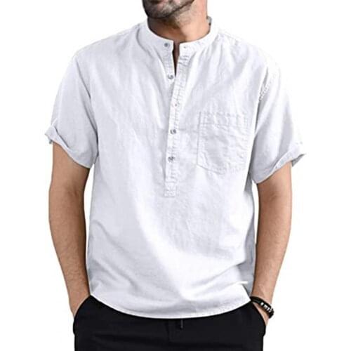 Summer Men Shirt Stand Collar Short Sleeve Cloth Solid Color Shirt Tops for Daily Life