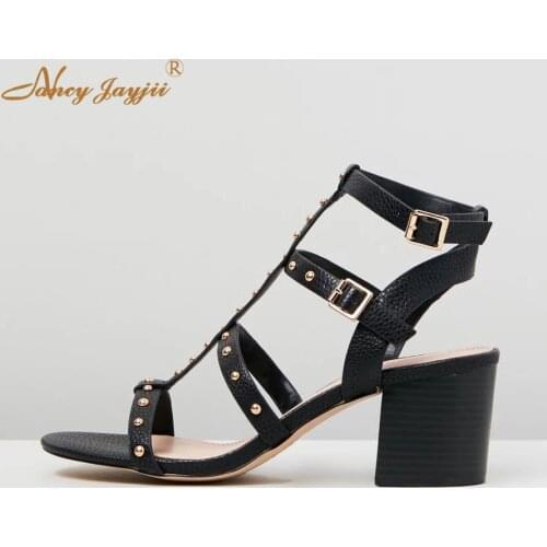 Women Sandals Ladies shoes Black Solid Super High Square heels T-tied Sweet Party Wedding Leisure Rivets Nancyjayjii 2019