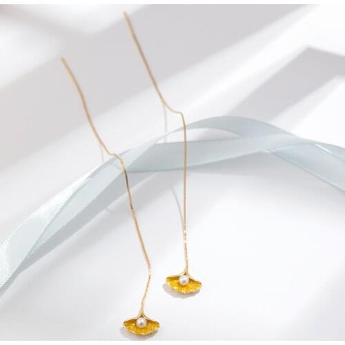 New Fashion Hand-painted Enamel Color Ginkgo Leaf Ear Line Long Face Thin Super Fairy 925 White Fungus Needle Niche Stud Earring