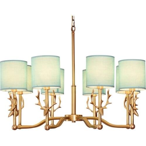 Post modern Real brass Pendant Lights Cloth lampshade E14 led bulb Kung Living Room home decoration 3/6/8/10 heads droplight