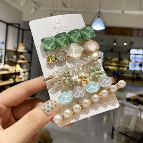6pcs/set Green Crystal Hair Clip Pin Claw Barrette Colorful Pearl Shiny Rhinestone Floral Hair Accessories Hairgrips Wholesale