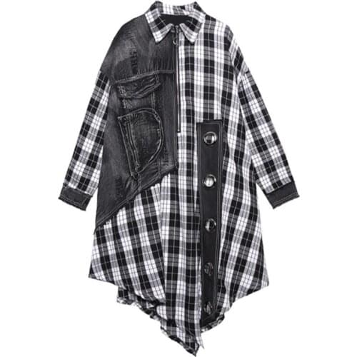Fashion Street Plus Size Women Coat Plaid Long Sleeved Shirt Tops 2021 Spring Autumn New Retro Denim Stitching Top