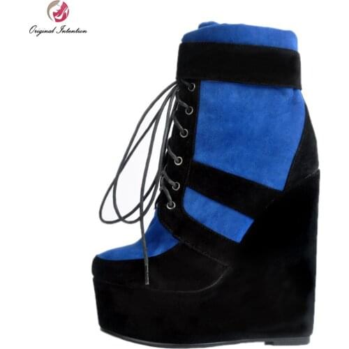 Original Intention Sexy Women Ankle Boots Patchwork Platform Round Toe Wedges Boots Black and Blue Shoes Woman Plus Size 4-15