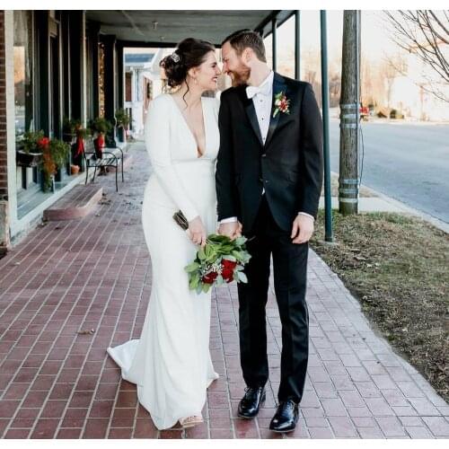 Long Sleeve Deep V-Neck Satin Mermaid Wedding Dresses Covered Back Ivory Vestidos de Novia Abendkleid Bridal Gown for Women