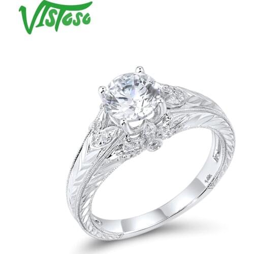 VISTOSO Genuine 14K 585 White Gold Diamond Rings For Women Sparkling Round White CZ Main Stone Wedding Engagement Fine Jewelry