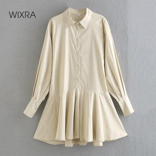 Wixra 100% Cotton Dresses Womens Turn-Down Collar Ruffles Short Shirts Clothing 2021Spring Summer