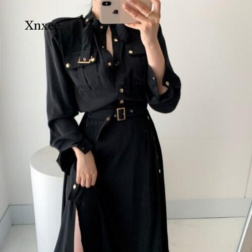 Temperament Lace Up Waist Style Stand Collar Shirts Dress Women with Belt Loose Casual Retro Streetwear Slim Bandage Office