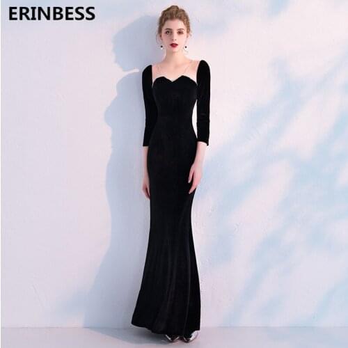 Vestido De Festa Three Quarter Mermaid Evening Dresses Long Dress 2019 Scoop Neck Velour Black Evening Dress Elegant Formal