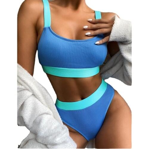 2021 Summer New Style Bikini European and American High Waist Sexy Swimsuit New Style Ladies Split Solid Color Fashion Swimwear