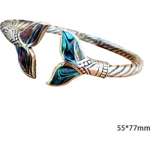 667E Bangle Bracelets Abalone Shell and Fish Tail Bangle Bracelet Twisted Open Cuff Bracelet Adjustable Open Hand Chain