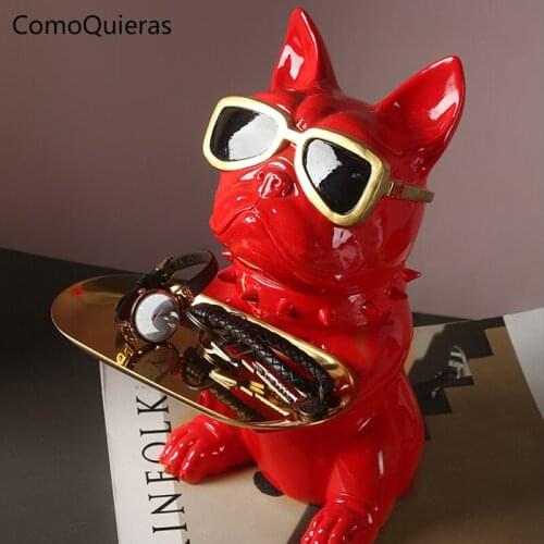 Bulldog Tray Sunglasses Dog Resin Ornaments Nordic Home Figurines for Living Room Porch Decoration Key Accessories Storage