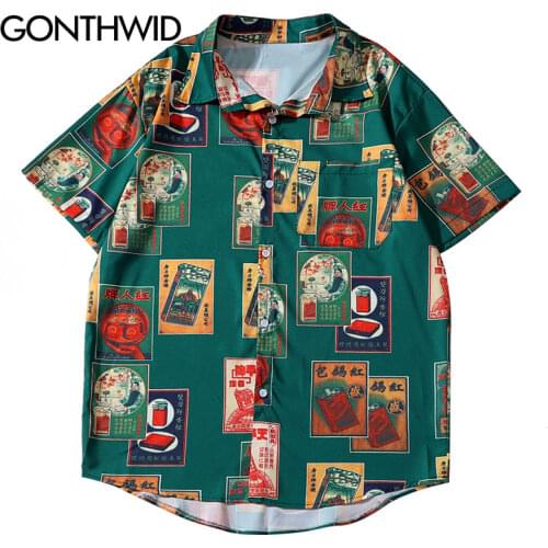 GONTHWID Vintage Poster Print Hawaiian Beach Shirts Mens Casual Tropical Short Sleeve Aloha Camp Shirt Fashion Button Hawaii Top