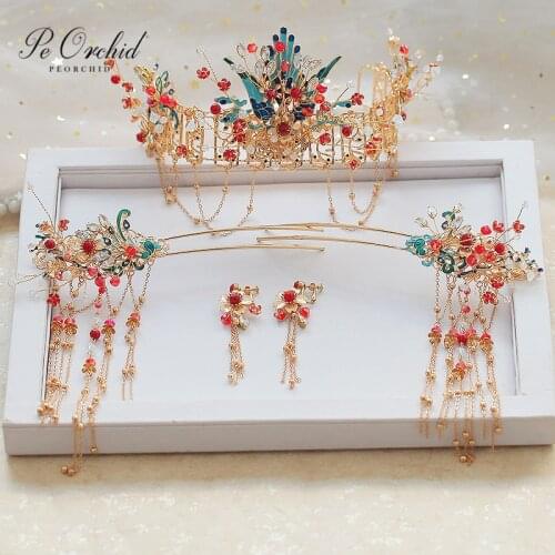 PEORCHID Headpiece Chinese Traditional Phoenix Stick Pin Flower Headband Tiara Crown Women Gold Red Bride Hair Accessories