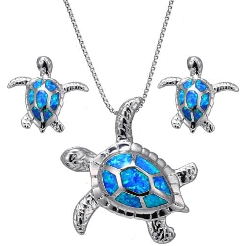 Hermosa Mothers Day Gift Natural Sea Turtle Australian Opal Silver Color Pendant Necklace Earring Jewelry Set