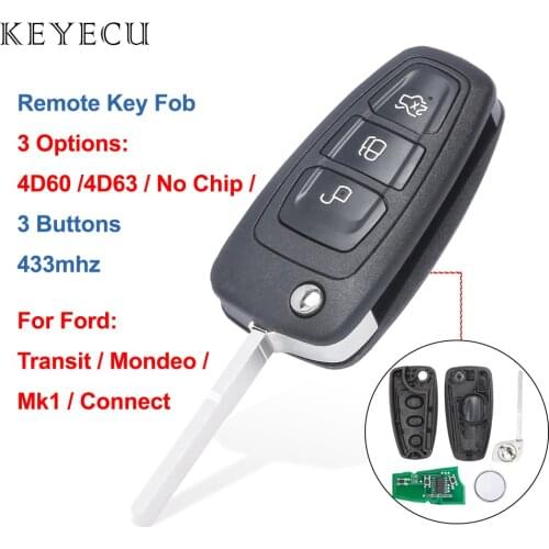Keyecu Remote Car Key Fob 3 Buttons 433MHZ 4D60 / 4D63 / No Chip for Ford Connect Focus Mondeo Fiesta Transit C-Max HU101 Blade