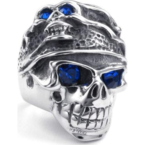 33 Mm Fashion Retro Punk Rock Blue Eyes Skeleton Skull Stainless Steel Rings Charm Men Ring Handsome Jewelry 072690