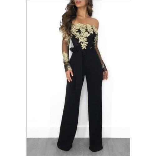 Women Overalls Jumpsuit Autumn Lace Tulle Off Shoulder Slash Neck Gold Embroidery Waistbelt Elegant Femme Office Casual Clothing
